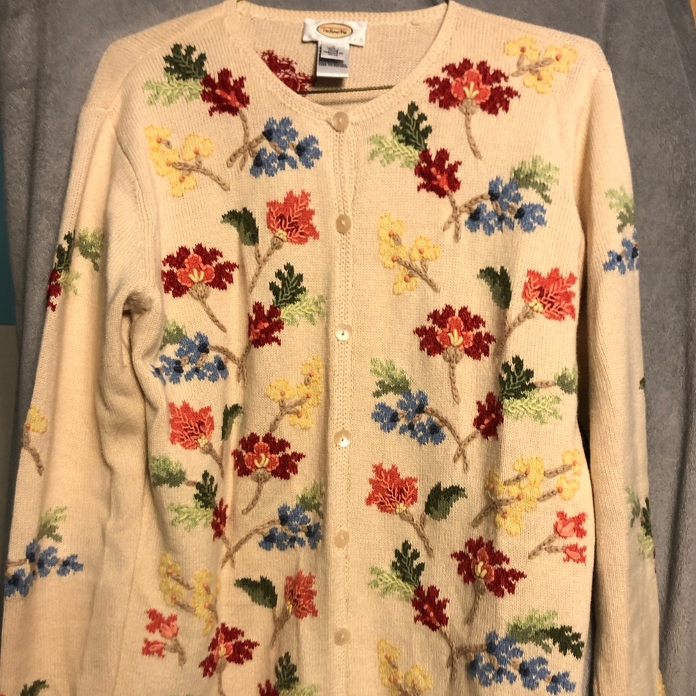 Talbots Cream Button Down Sweater With Flowers